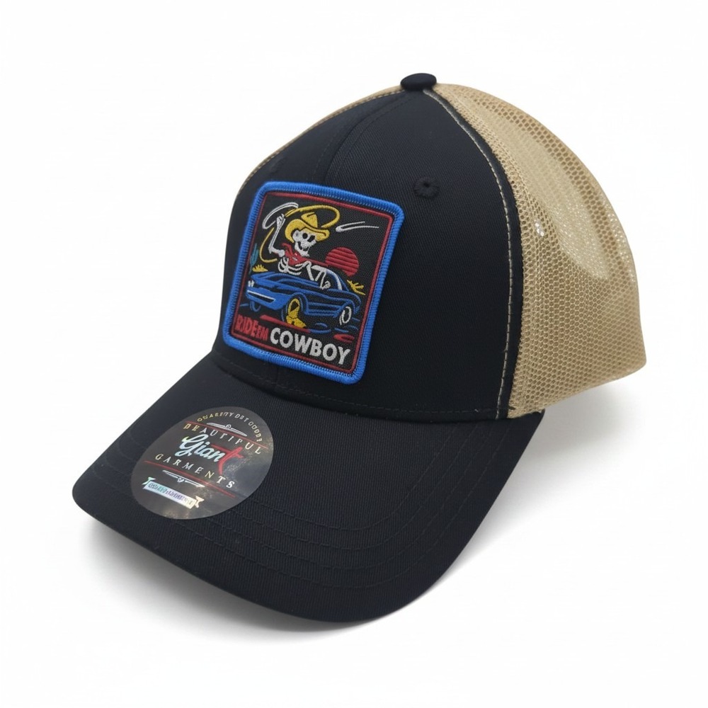 Beautiful Giant Ride Em Cowboy Skeleton Trucker Hat Black Tan Mesh Snapback Cap